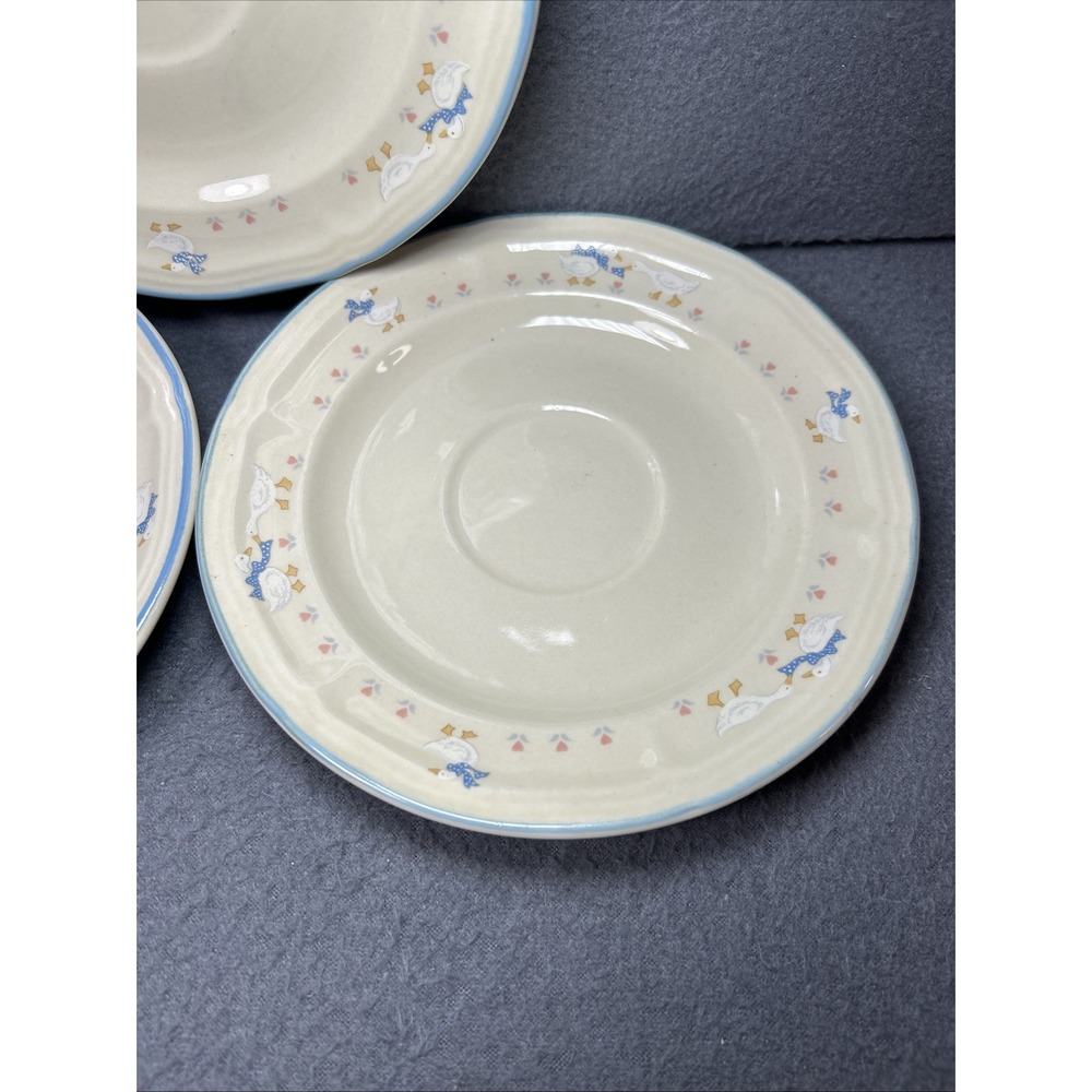 Aunt Rhody Goose Saucers Set of 3 Blue Bow Farmhouse Stoneware - Picture 3 of 10